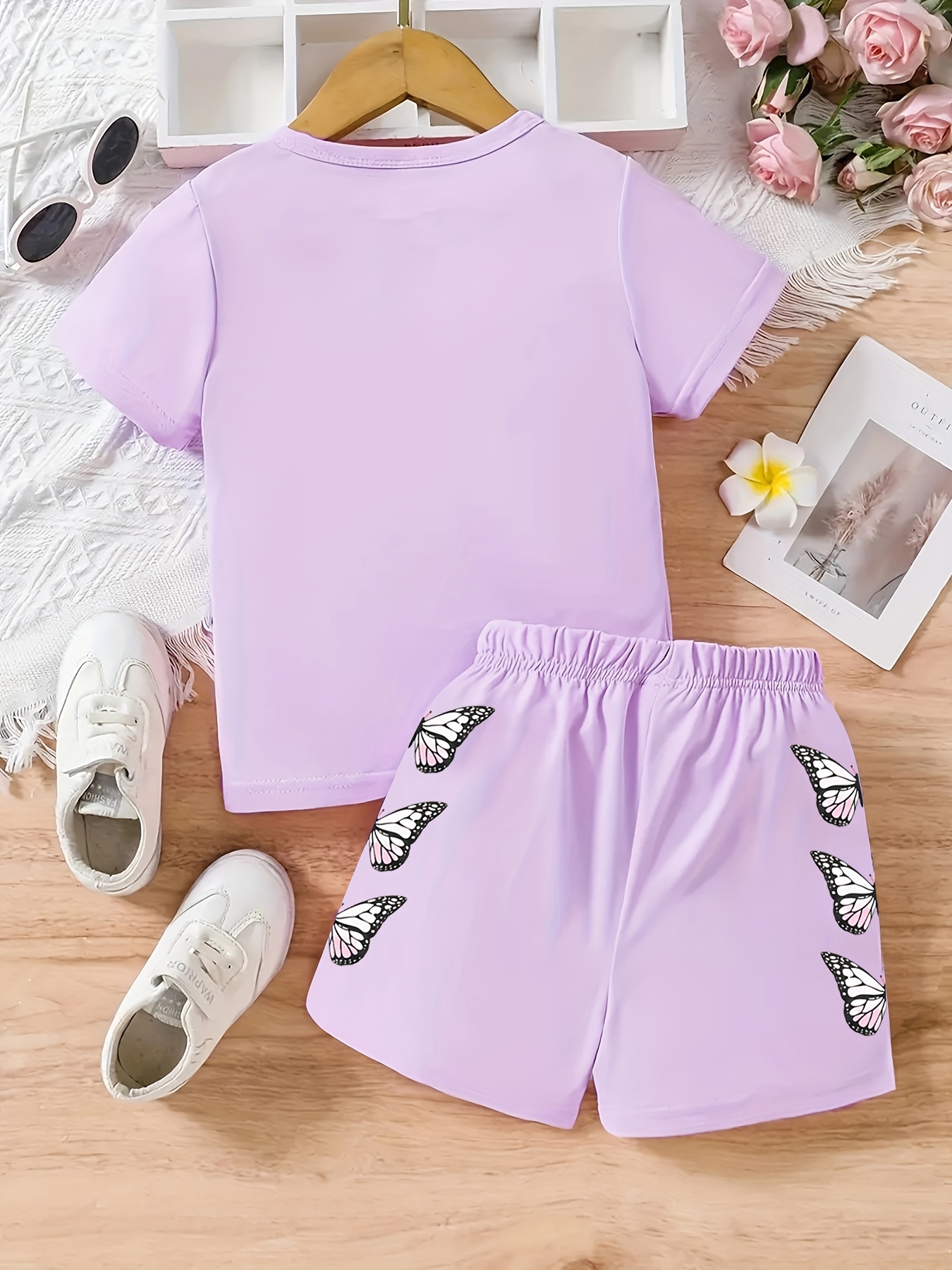 girls 2pcs butterfly graphic outfits short sleeve t shirt shorts set spring summer gift party sports