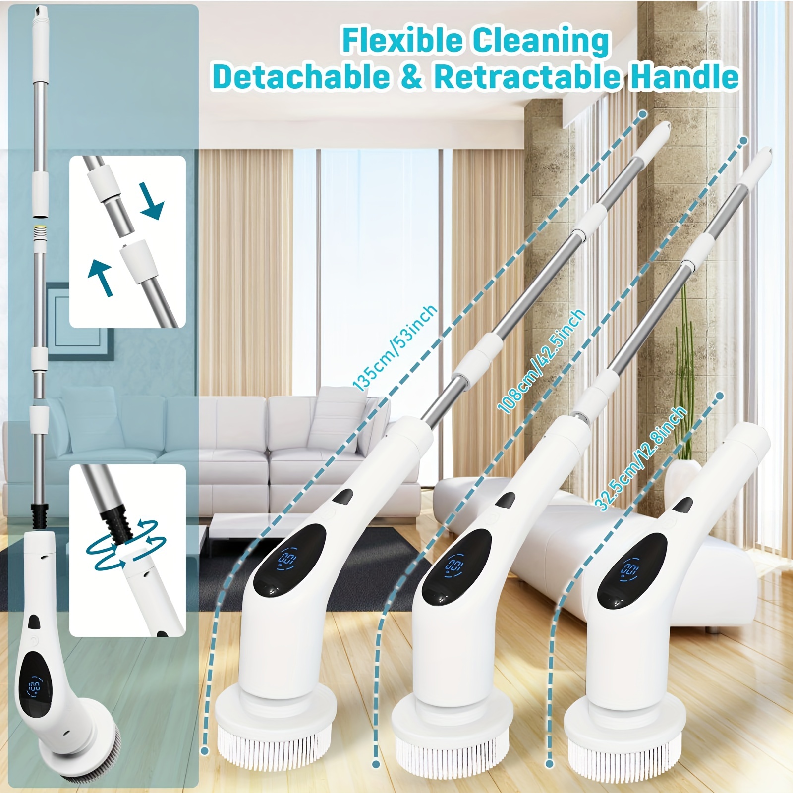 Electric Spin Scrubber, Cordless Cleaning Brush with 8 Replaceable Brush  Heads, 3 Adjustable Speeds, Adjustable & Detachable Long Handle, Voice  Broadcast