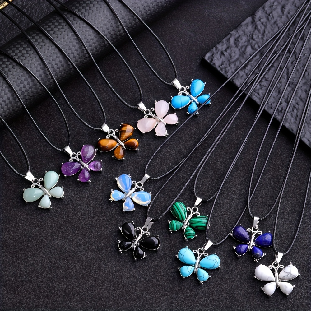 Butterfly Gem Necklace Rose Quartz Amethyst Opal Crystal Stone