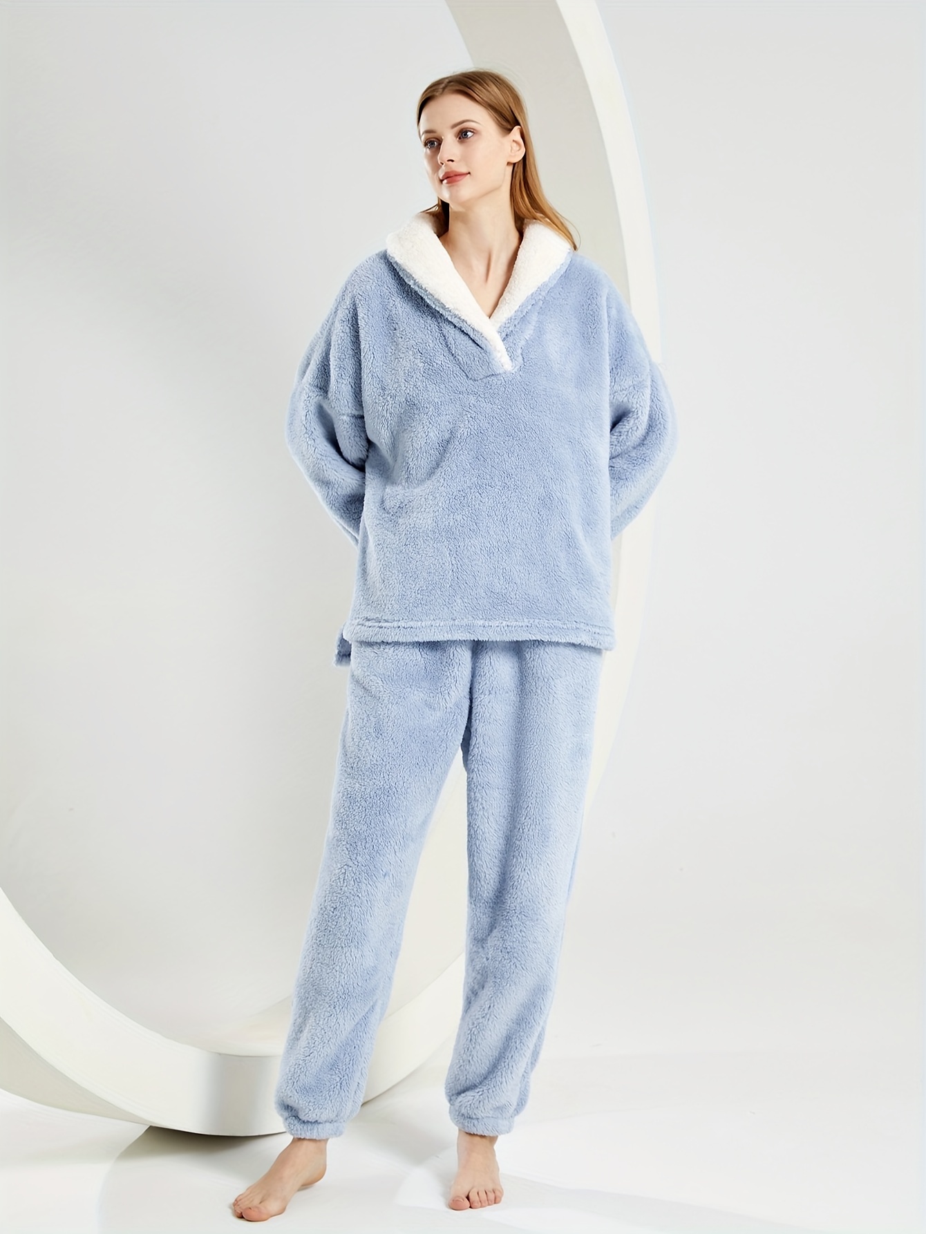 Solid Fuzzy Pajama Set Long Sleeve Hooded Top Elastic - Temu Canada