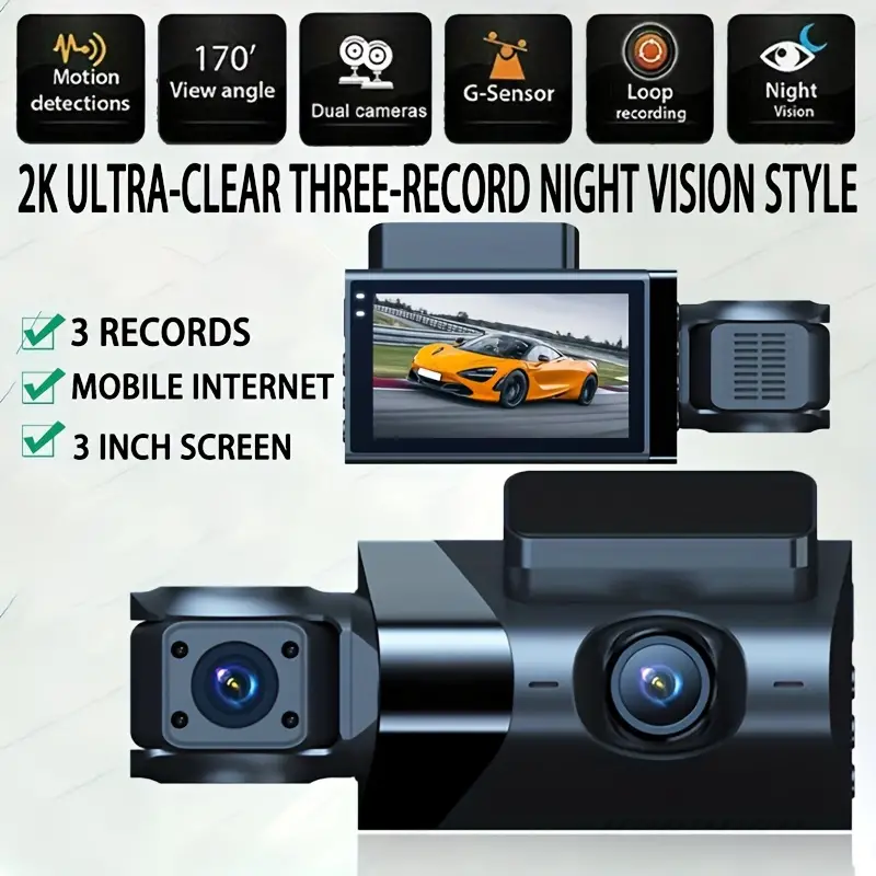 3 Channels Dash Cam Wifi Gps Car Dvr Vehicle Camera 2k 1440p Video Recorder  Dashcam Black Box Rear View Camera Parking Monitor - Temu