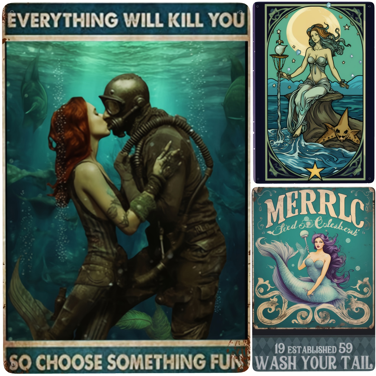 Vintage Metal Tin Signs Diver Mermaid Tin Sign Wall Plaque - Temu