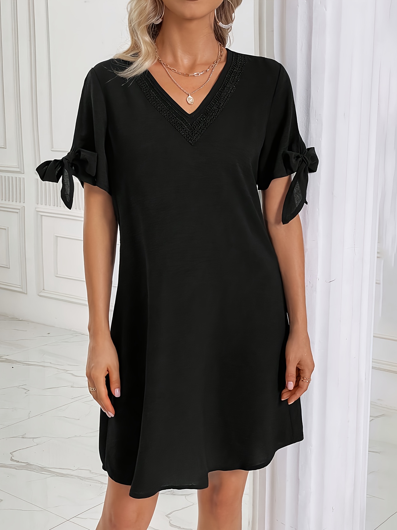 Elegant Deep V neck Dress Casual Short Puff Sleeve Solid - Temu Canada