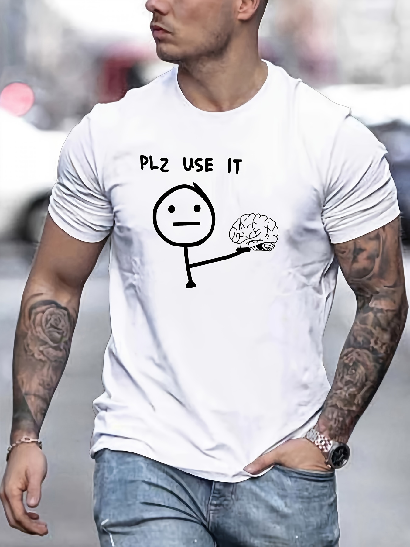 Funny Stick Figure Brain Graphic Print Men's Creative Top - Temu