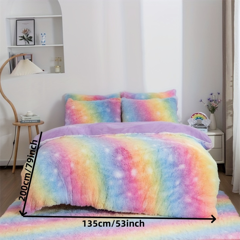 3pcs plush colorful rainbow duvet cover set 1 duvet cover 2 pillowcase without core polyester bedding set soft comfortable duvet cover for bedroom guest room