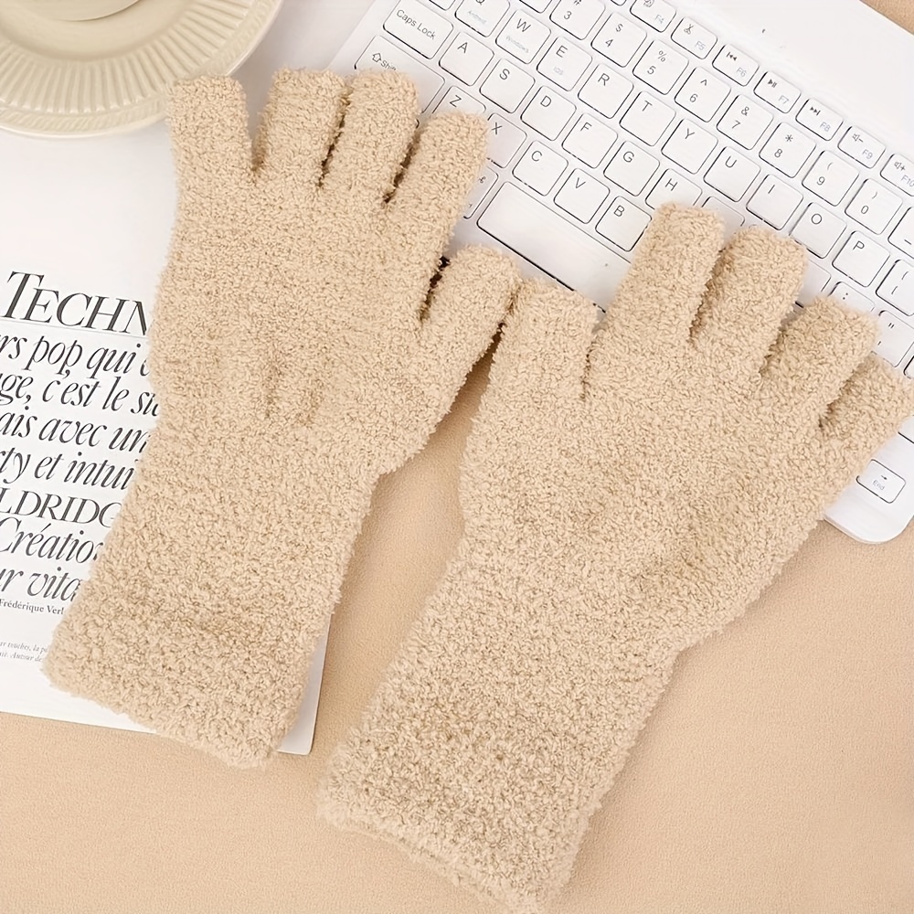 1 Pair Students Gloves Open Finger Solid Color Plush Knitted Flip