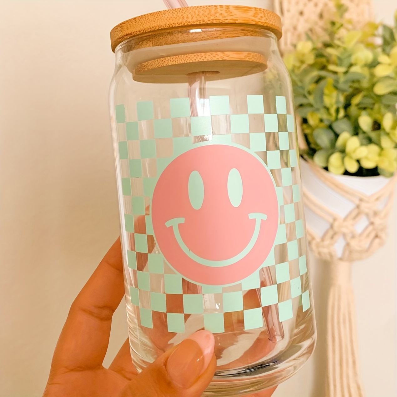 Purple Retro Flower Smiley Face Glass Can Cup With Bamboo Lid and Straw  Glass Iced Coffee Cup 16 Oz Beer Can Cup 