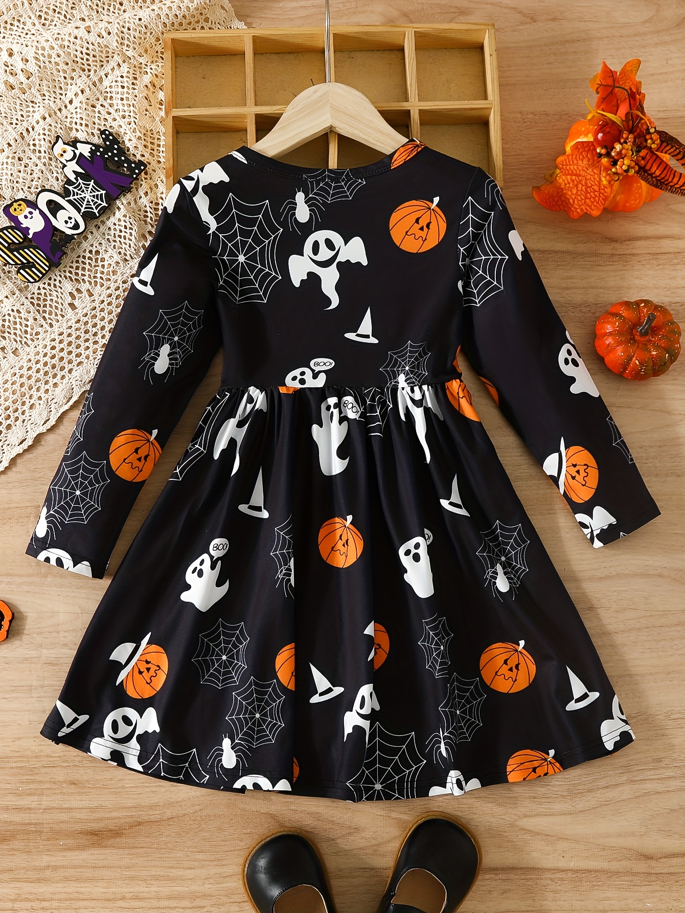 Girls Halloween Themed Ruffled 3/4 Sleeve Ghost Print Tunic & Boo Ghost  Print Leggings Set