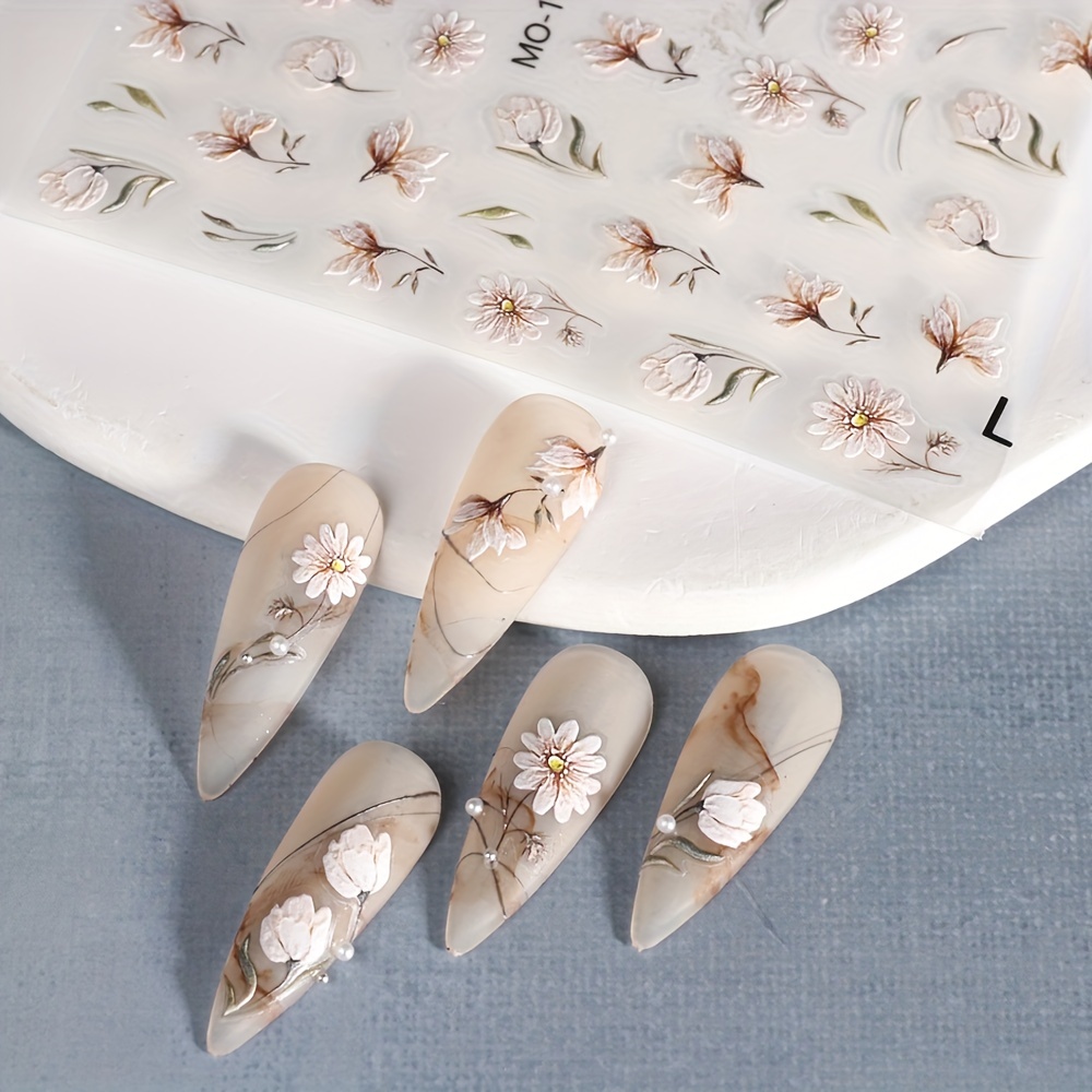 Flower Nail Art Stickers 5d Embossed Nail Decals Self - Temu