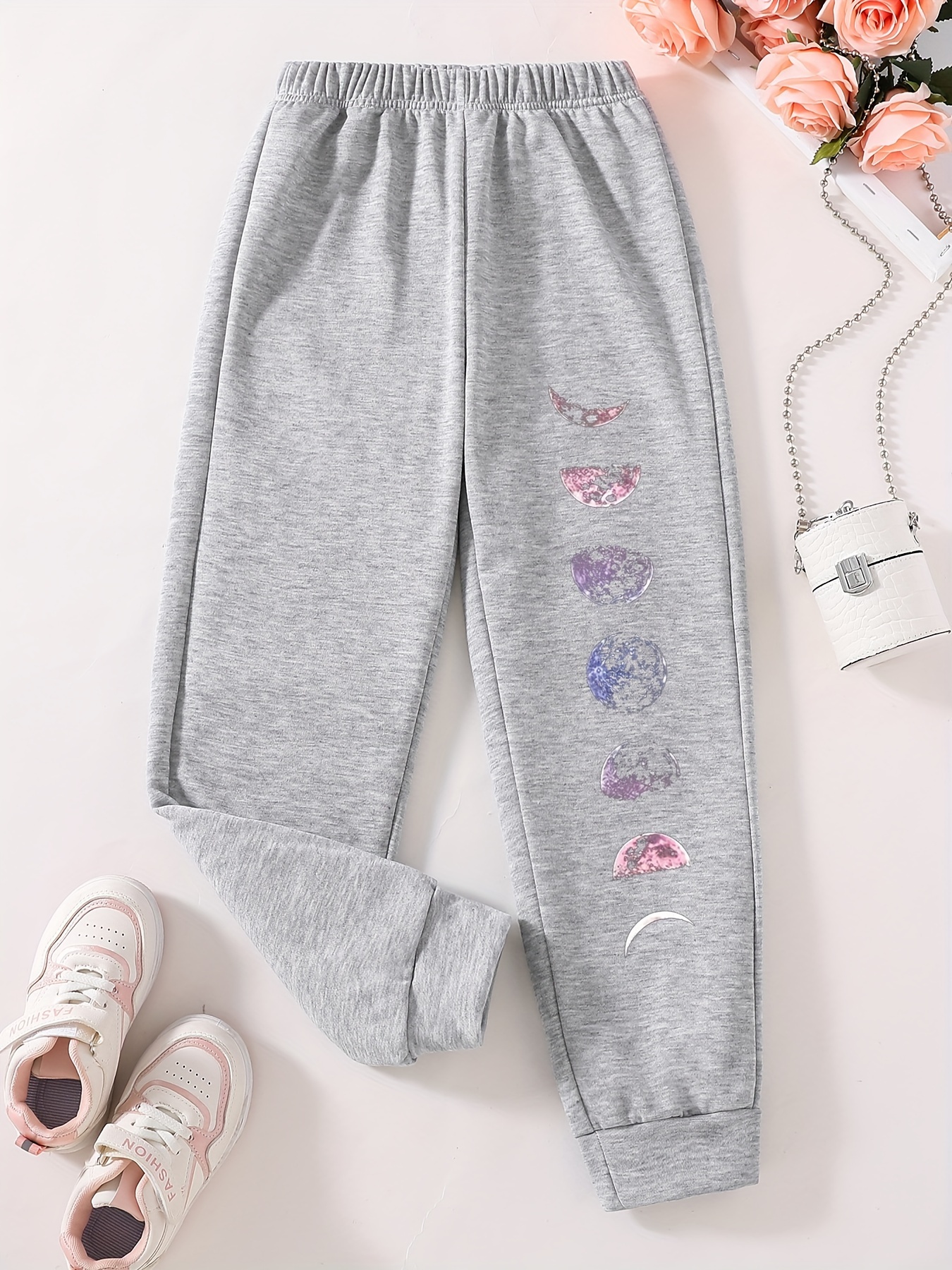 Starry Planet Print Girls Jogger Pants, Stretch Loose Fit Sports
