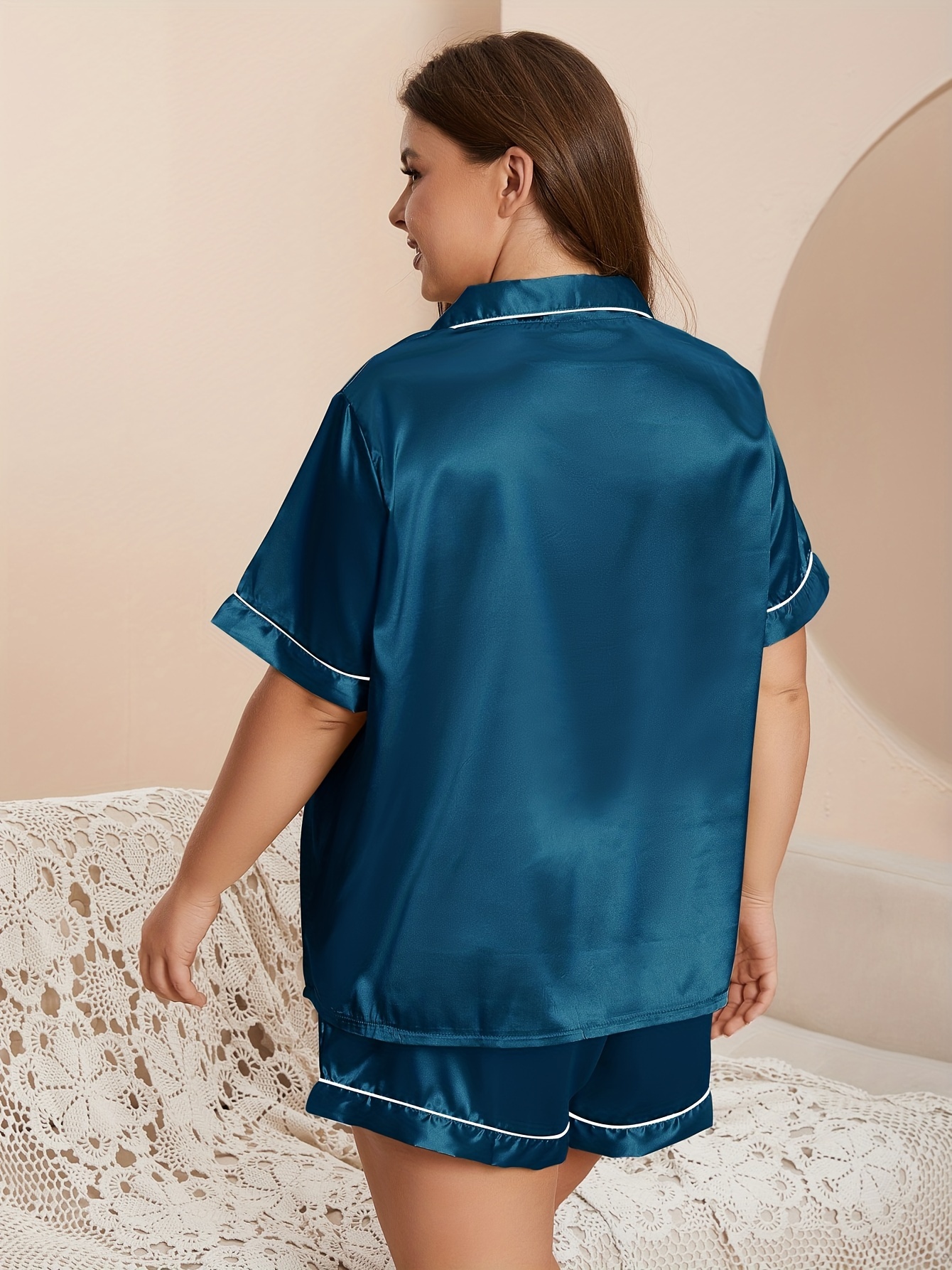 Satin Short Sleeve Pajama Set Plus Solid Comfort Loungewear