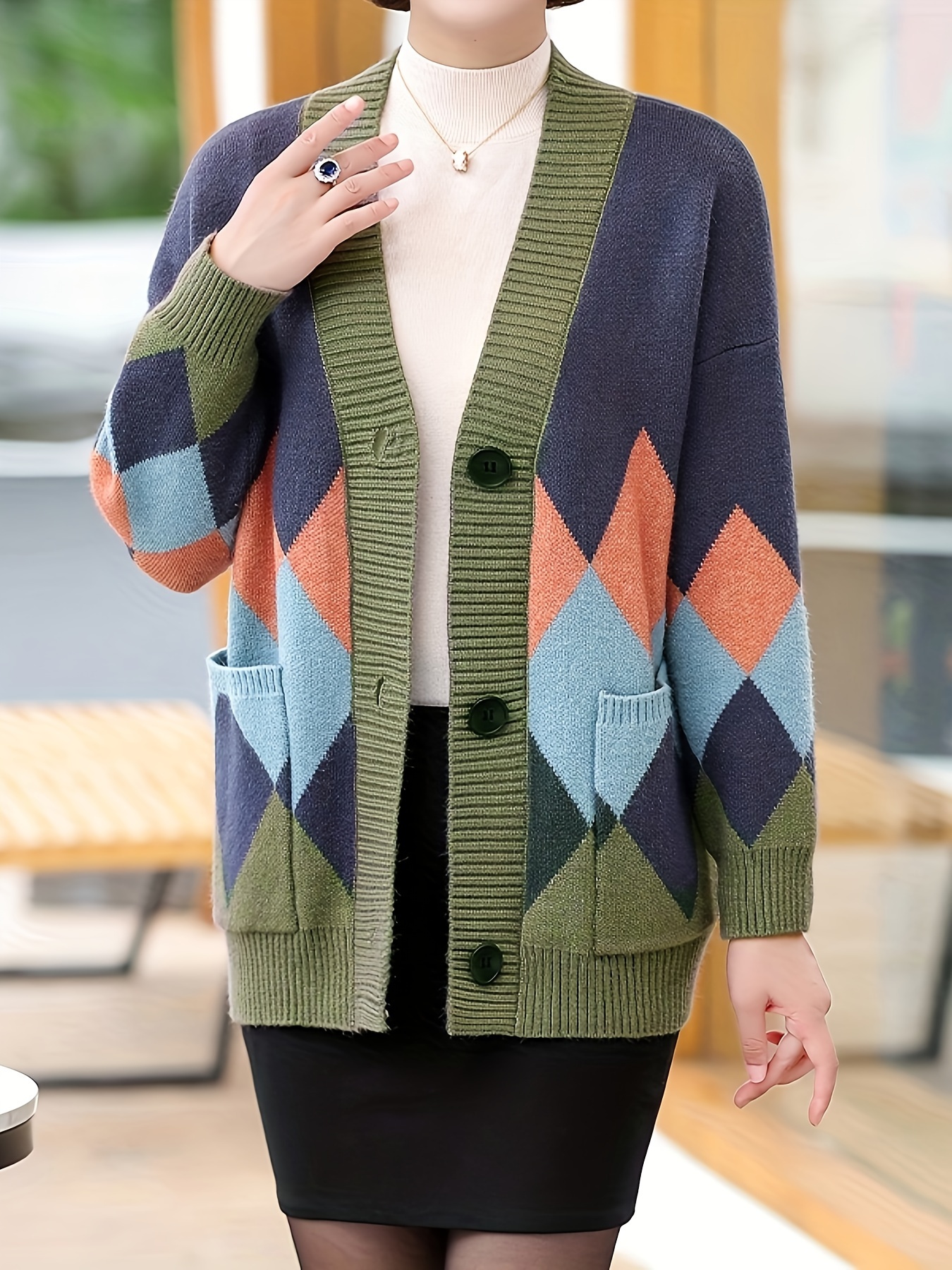 Argyle Pattern Long Sleeve Cardigan Button Loose Casual Temu