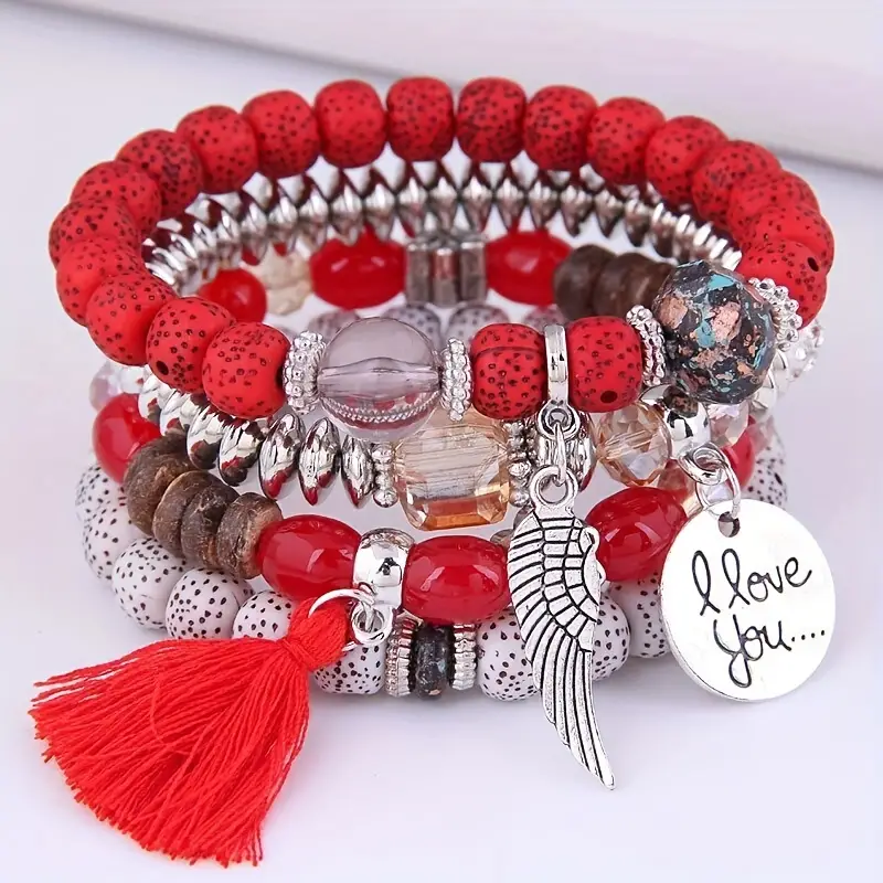 4pcs set disc love wings tassel volcano stone beads bracelet pink multicolor beads retro bohemian holiday gift for girls details 5