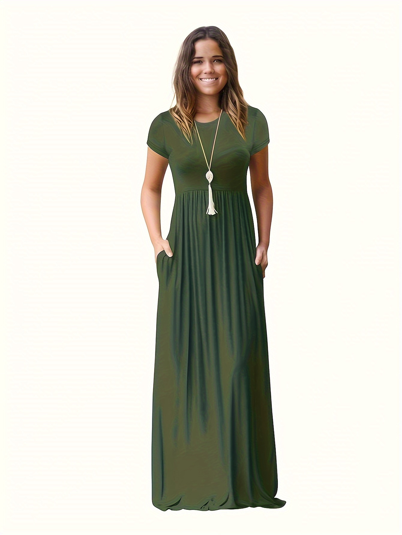 pleated maxi dress casual crew neck short sleeve dress with pockets womens clothing