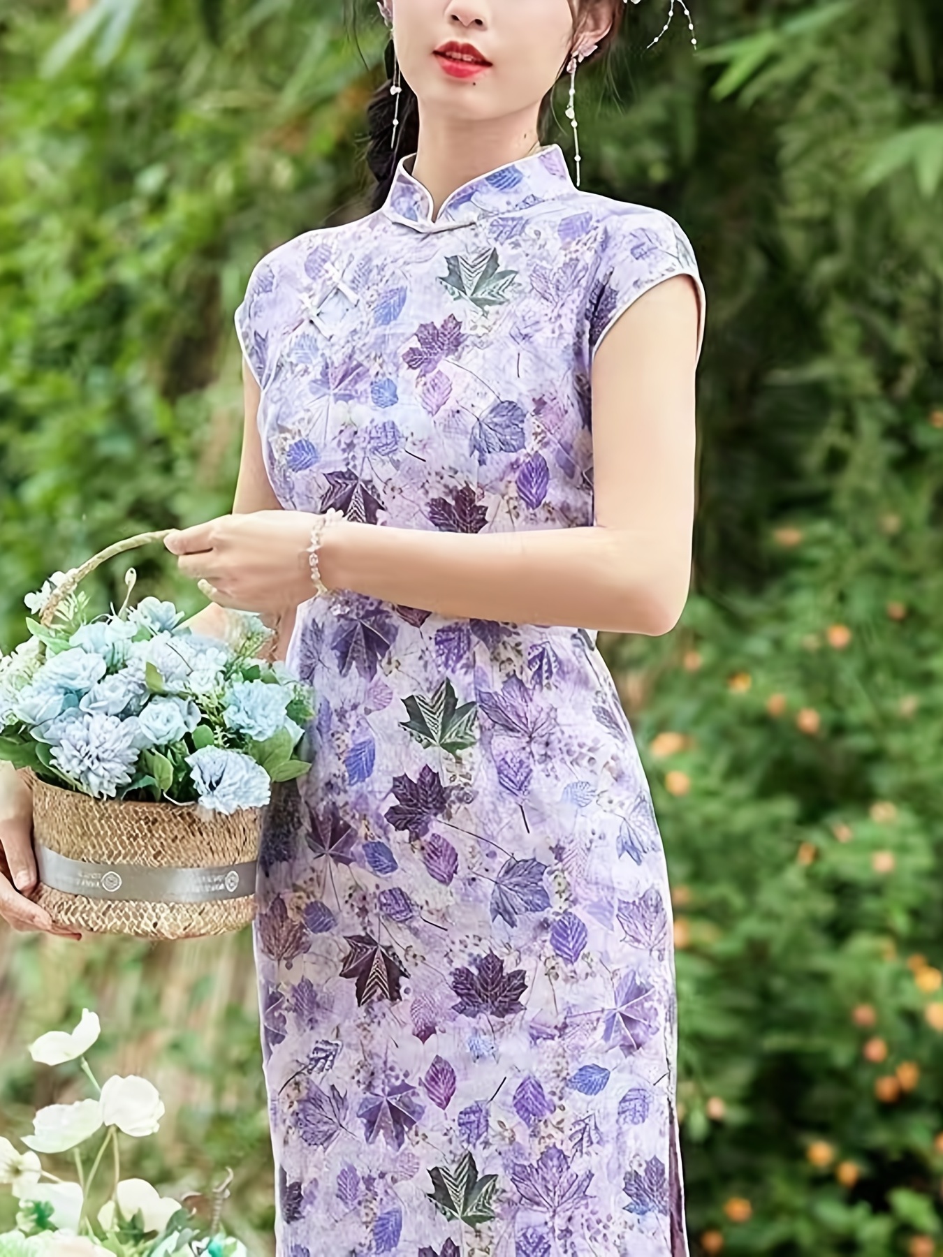 Chinese Vintage Floral Print Cheongsam Short Sleeve Frog - Temu United