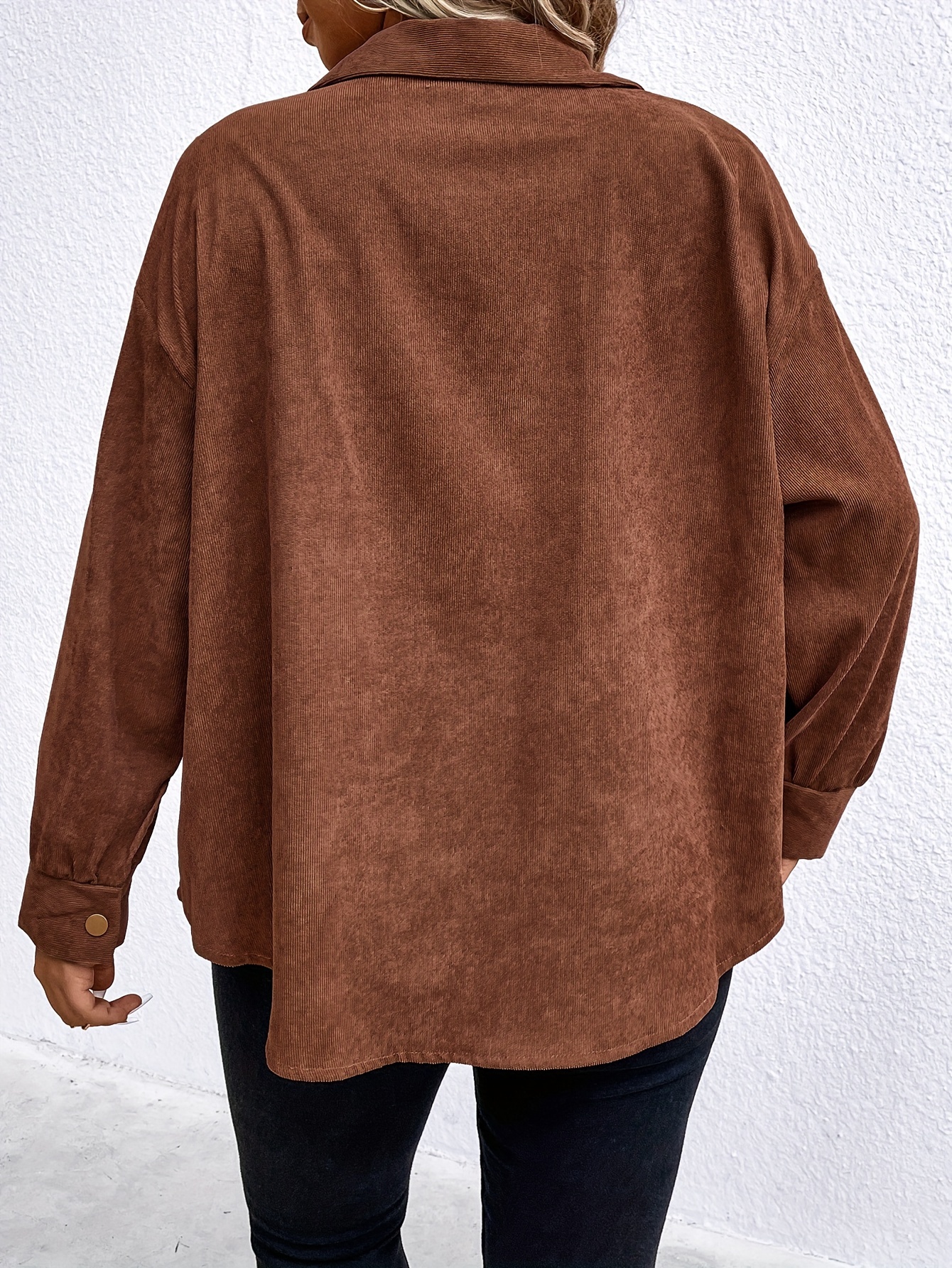 Plus Size Casual Blouse with Solid Corduroy Long Sleeve