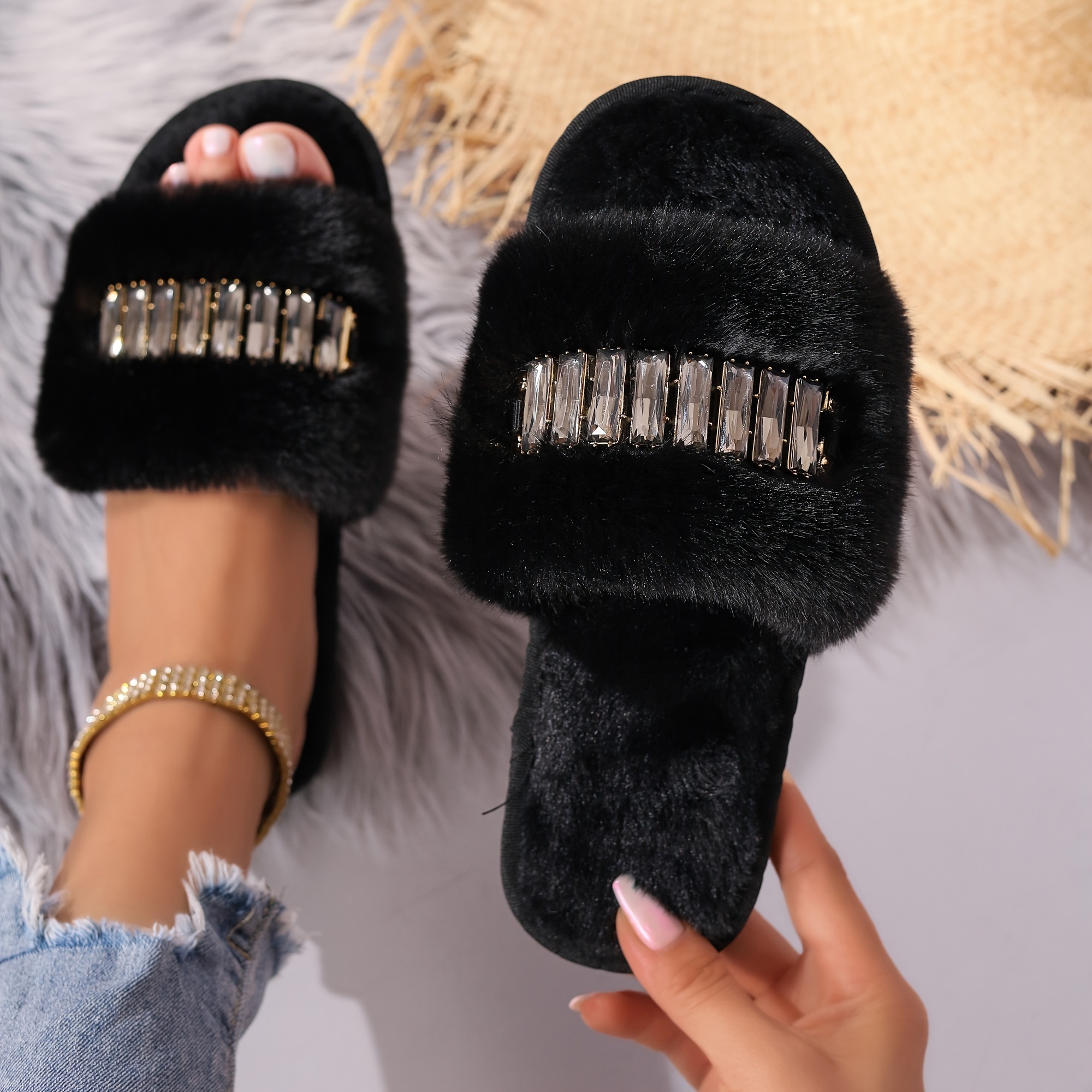 Rhinestone Letter Decor Fluffy Slippers Slip Soft Sole Flat Temu