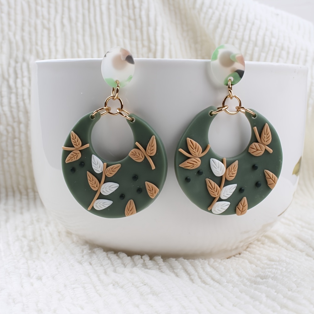 Leaf Pattern Circle Disc Polymer Clay Earrings