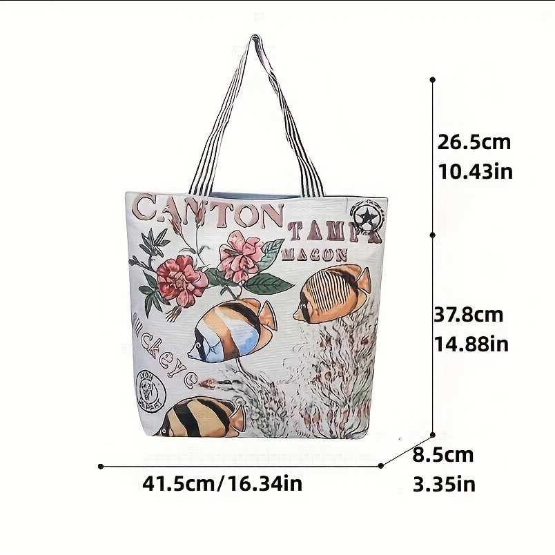 Stamp Pattern Canvas Shopping Bag, Portable Shoulder Bag, Fashion Large  Capacity Tote Bag