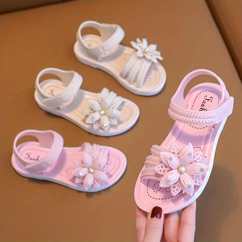 Toddler Children Girls PVC Sandals Hook And Loop Fastener Shoes With Flower Decor Soft Sole Shoes For Spring