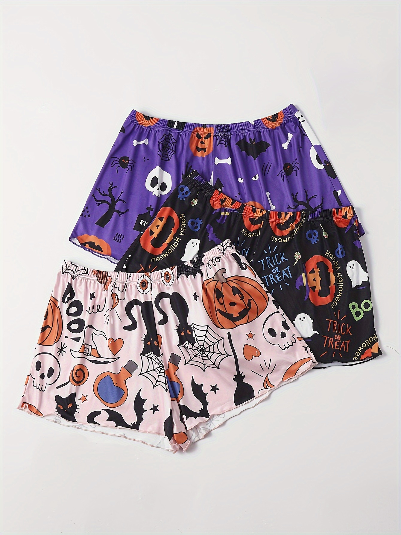 3 Pack Plus Size Y2K Halloween Pajama Bottoms Set: Pumpkin & Skull Print