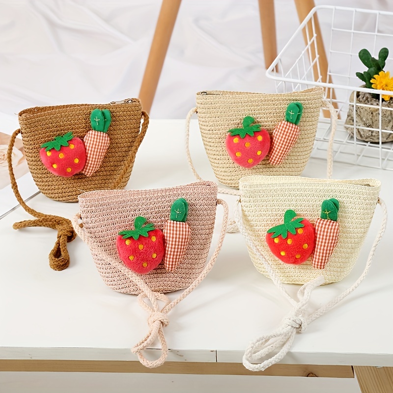 Girls Cute Strawberry Carrot Decor Straw Woven Shoulder Bag Coin