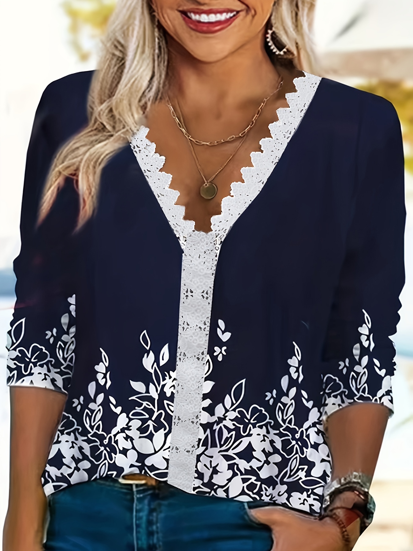 Women's Casual Top Lace Half Sleeve V-Neck Floral Print