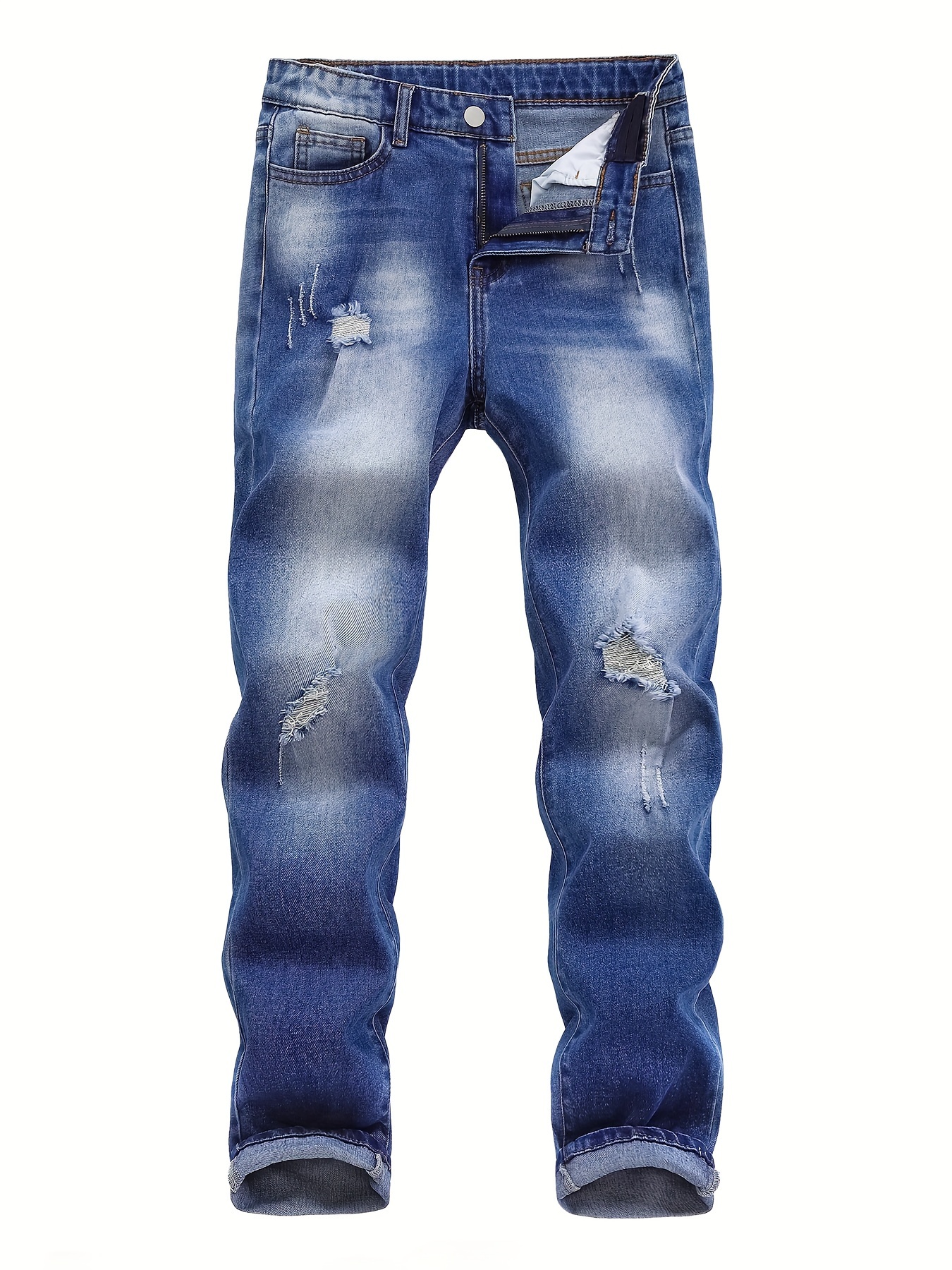 Boys Casual Ripped Slim Fit Straight Leg Denim Long Pants - Temu