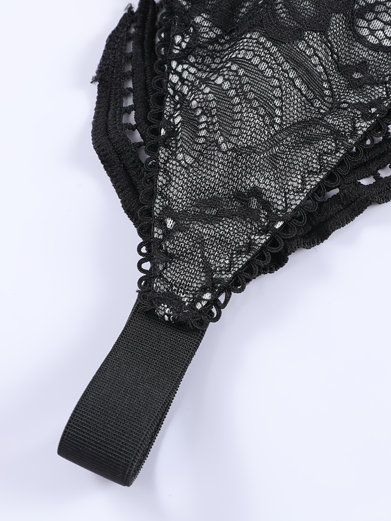 Black Lace Crochet Sexy Lingerie Set, Breathable Spaghetti Strap Triangle  Bra & Double Strap Thong Panty, Women's Sexy Lingerie & Underwear
