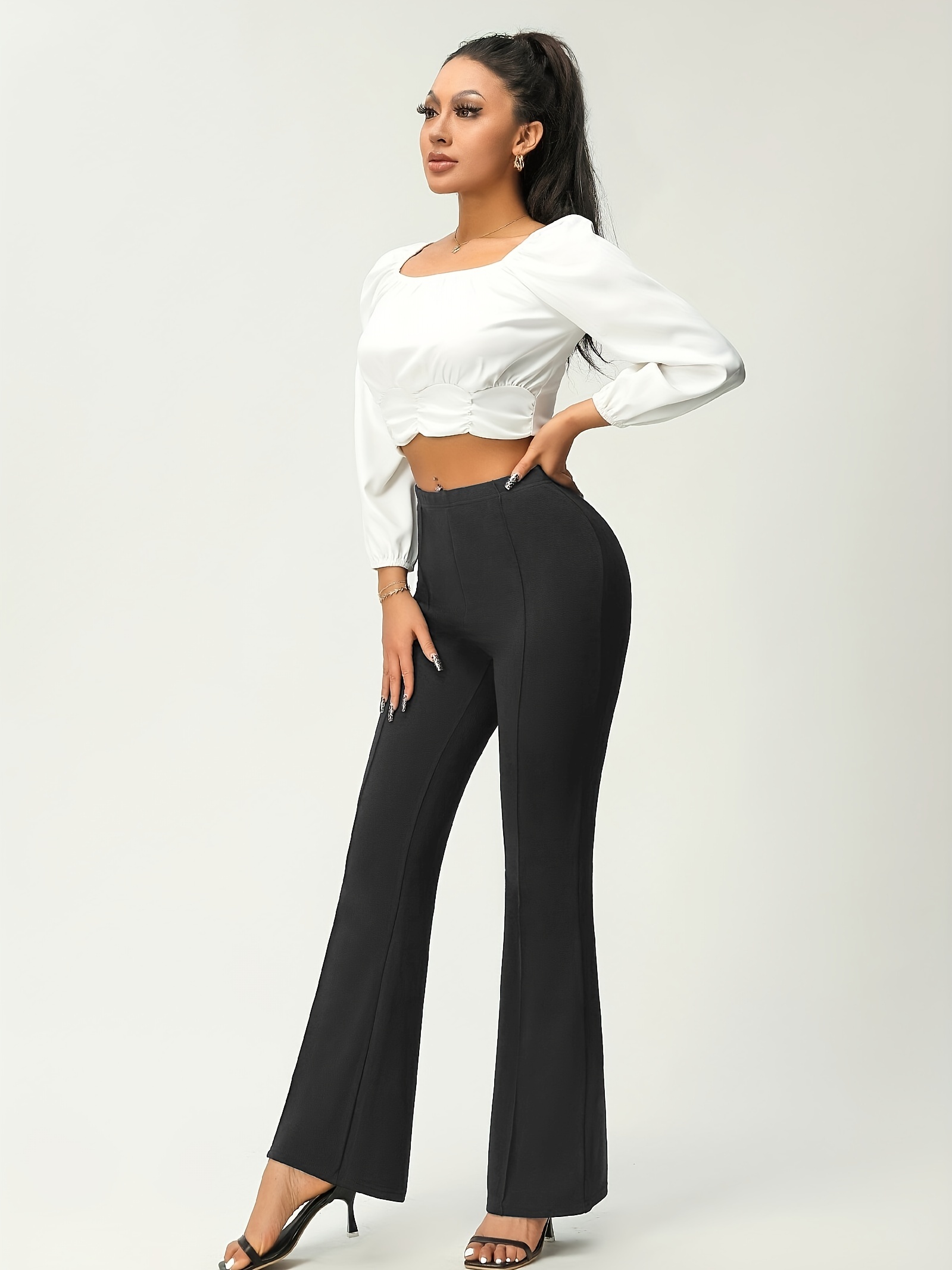 Flare Trousers for Women Low Waist Solid Color Tight Stretchy Long