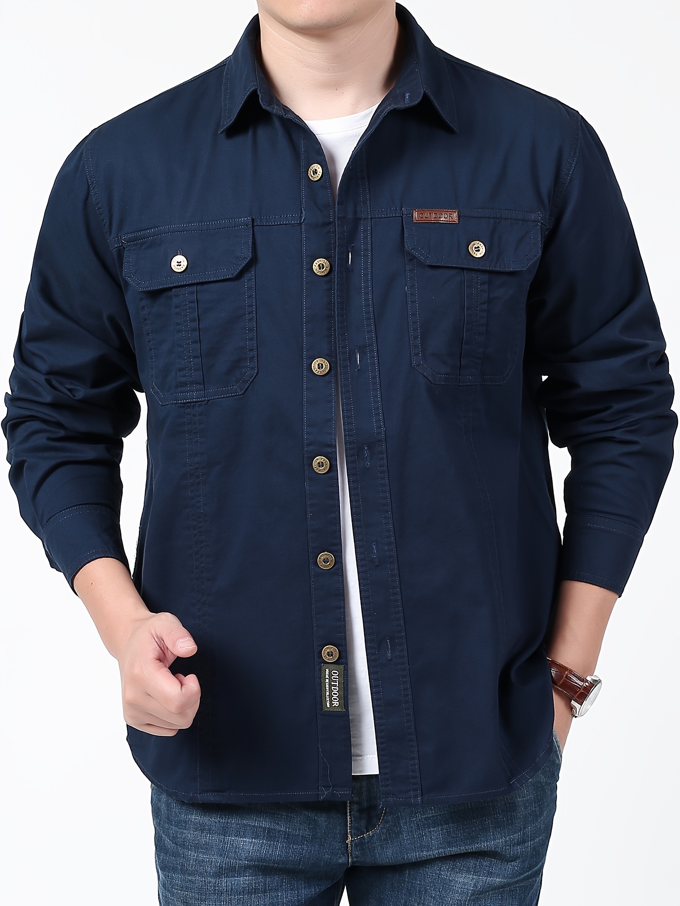 Cotton Comfy Solid Men's Cargo Style Long Sleeve Button - Temu