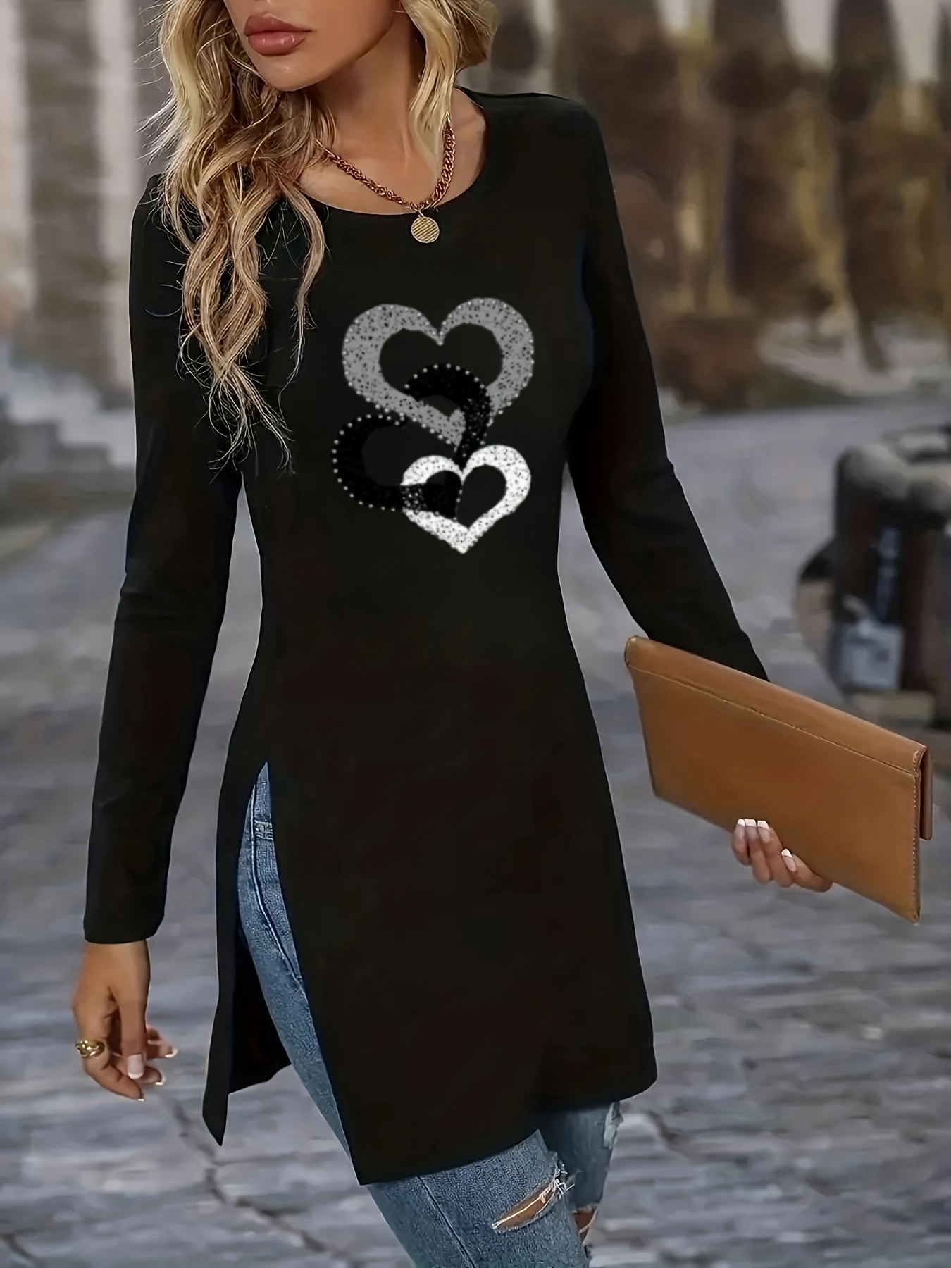 Heart Print Split Dress Casual Crew Neck Long Sleeve Dress - Temu