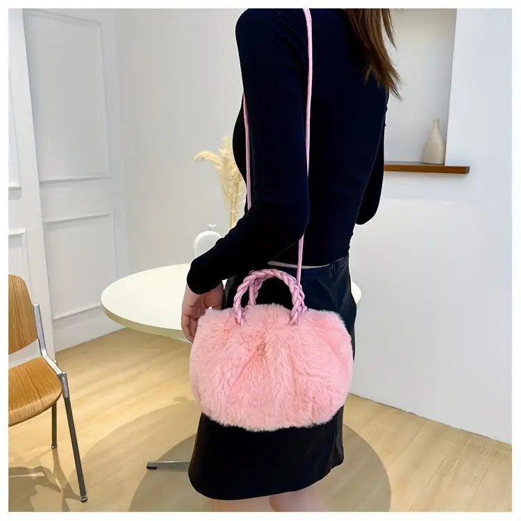 1pc girls fashionable solid color plush crossbody bag handbag versatile princess bag details 10