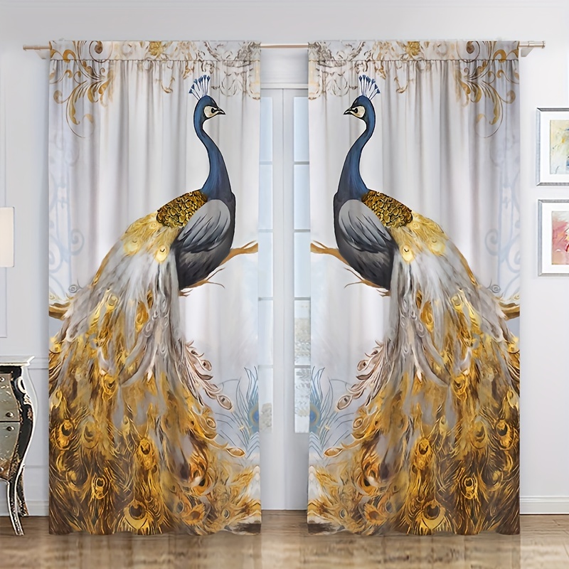 

Add A Touch Of Elegance To Your Home With These 2pcs Golden Feather Peacock Printed Curtains!