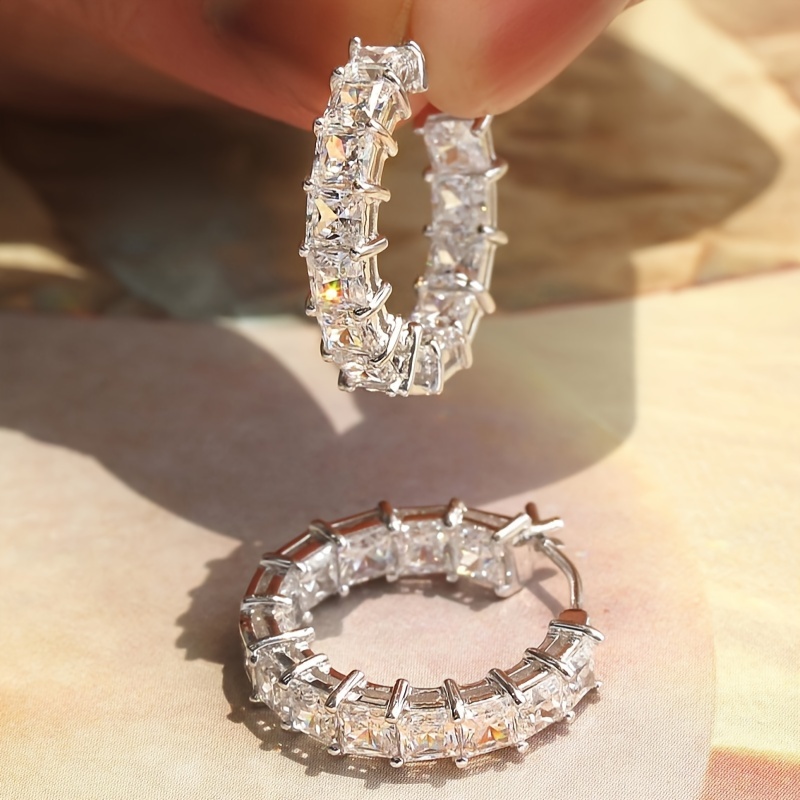 

Sparkling Hoop Earrings Copper Jewelry Embellished With Square Zircon Elegant Luxury Style Female Party Dating Earrings