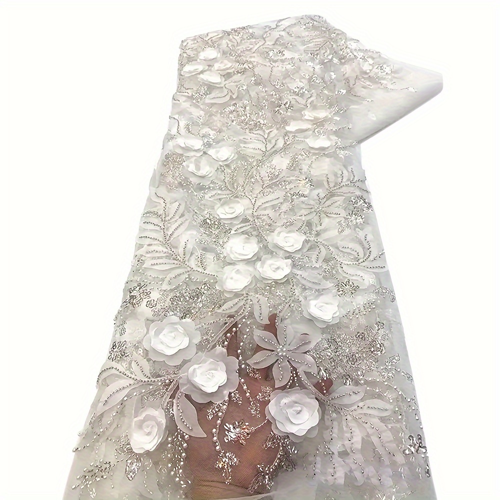 Beige floral pattern embroidery with sequins on tulle lace fabric - 3D lace  & embroidery - lace fabric from