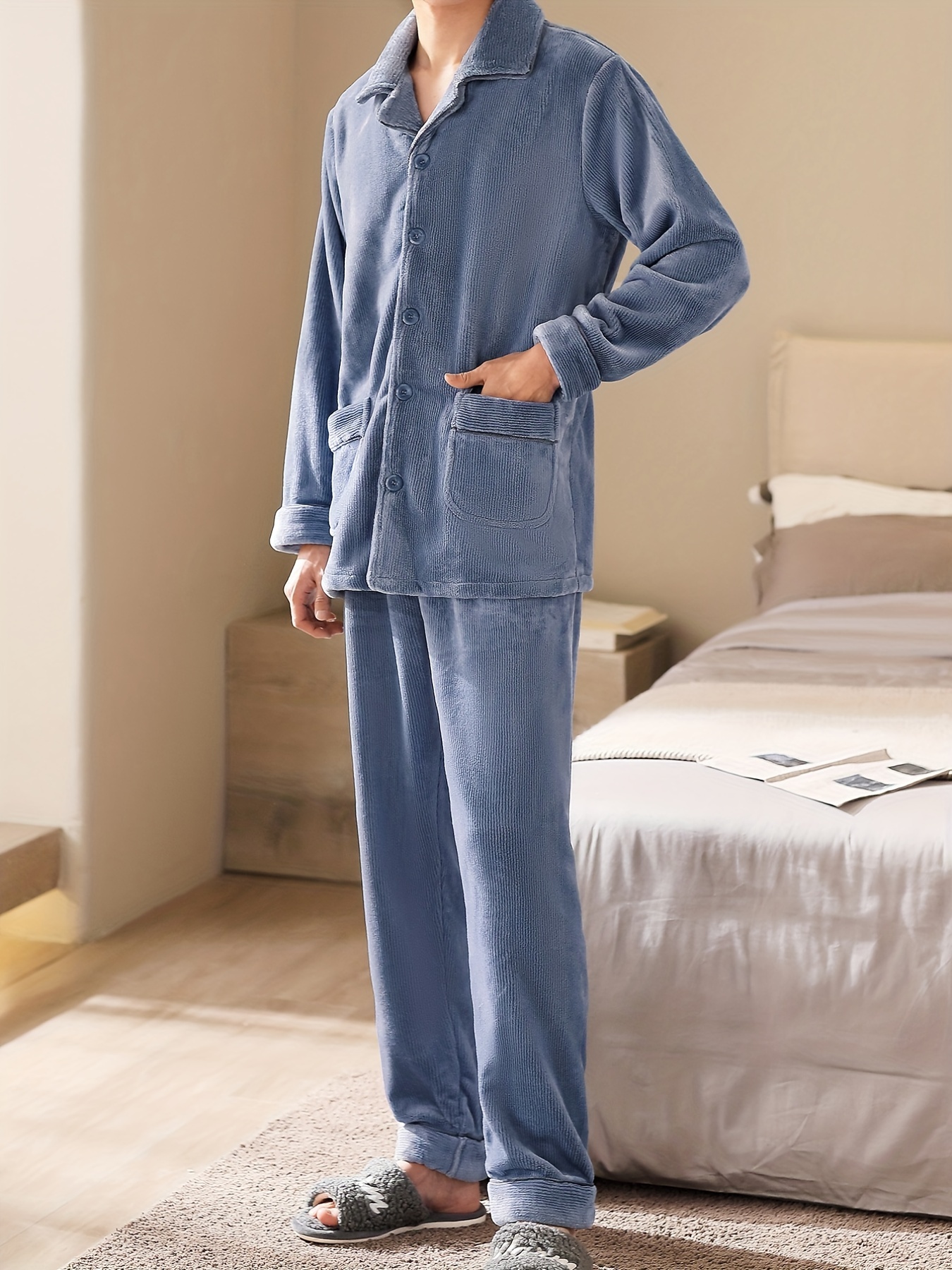 Conjuntos De Pijama Cómodos Y Suaves De Algodón Para Hombre Con Bolsillo,  Top Y Pantalones De Manga Larga Con Botones, Ropa De Dormir Para Hombre  Para Primavera Y Otoño - Ropa Interior