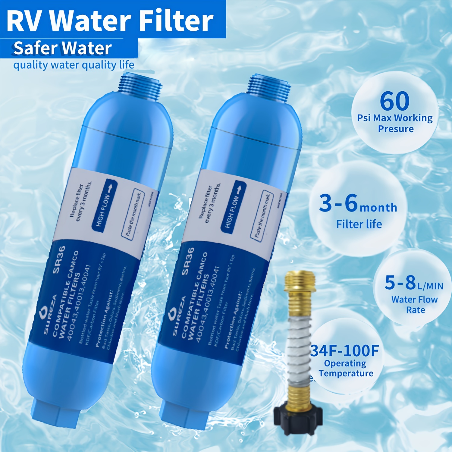 lifeegrn RV Water Filter with Hose Protector, Inline Water Filter, Reduces Bad Taste, Odors, Chlorine and Sediment in Drinking Water, Blue(2 Packs)