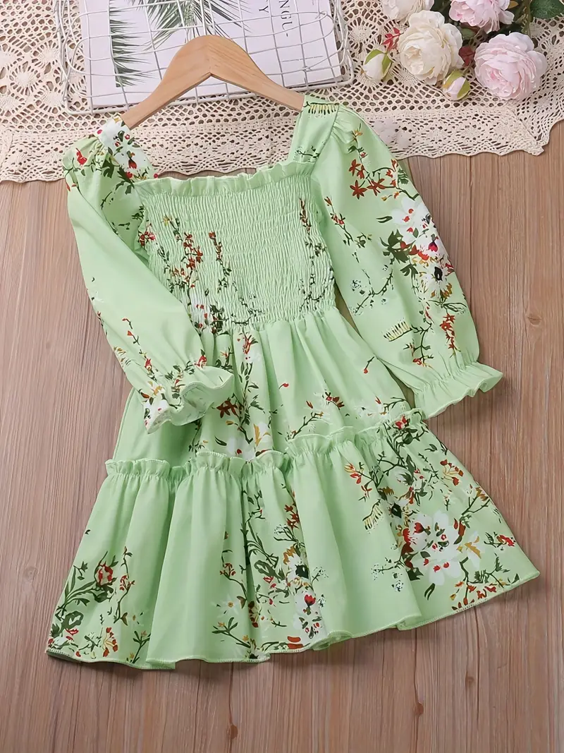 girls shirred flowers print long sleeve dress kids party holiday dress summer casual a line dresses details 5