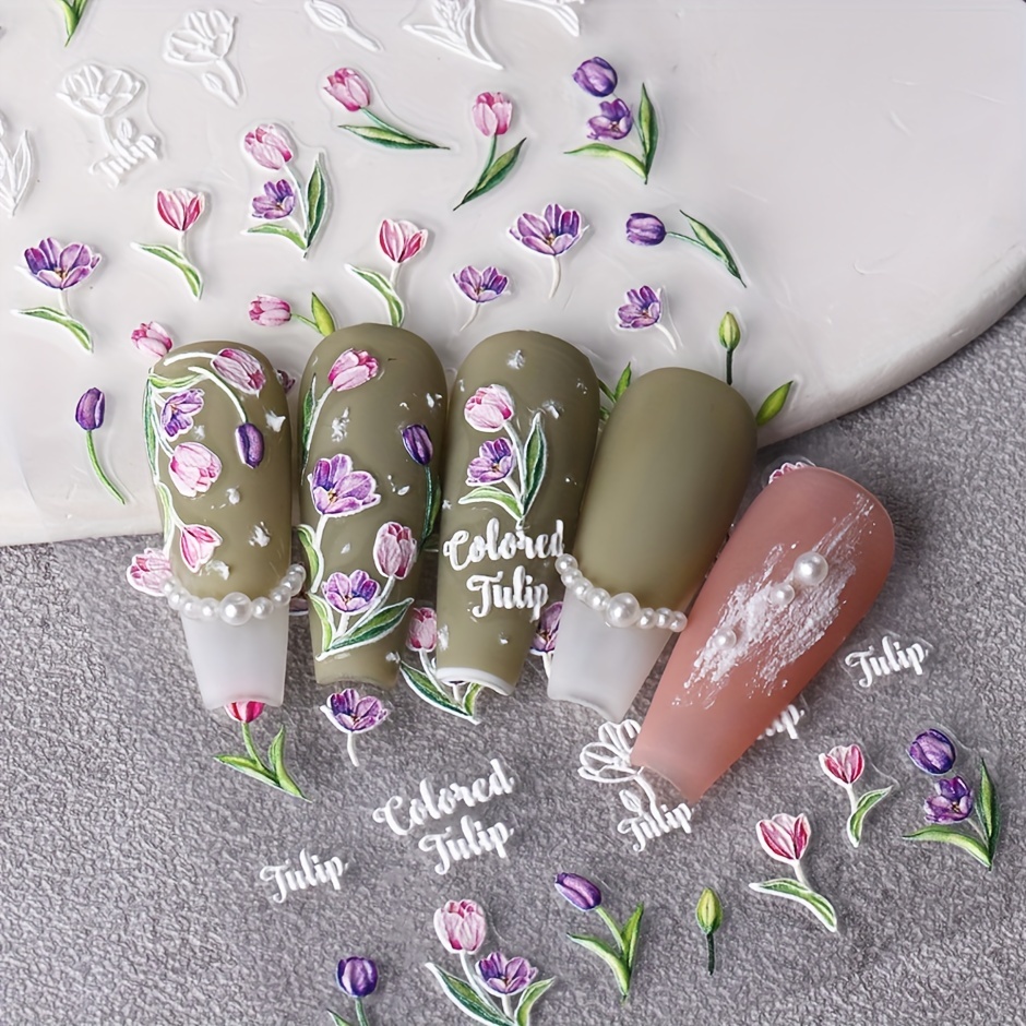 1 Sheet 5D Embossed Flowers Nail Stickers With Textured 3D Self