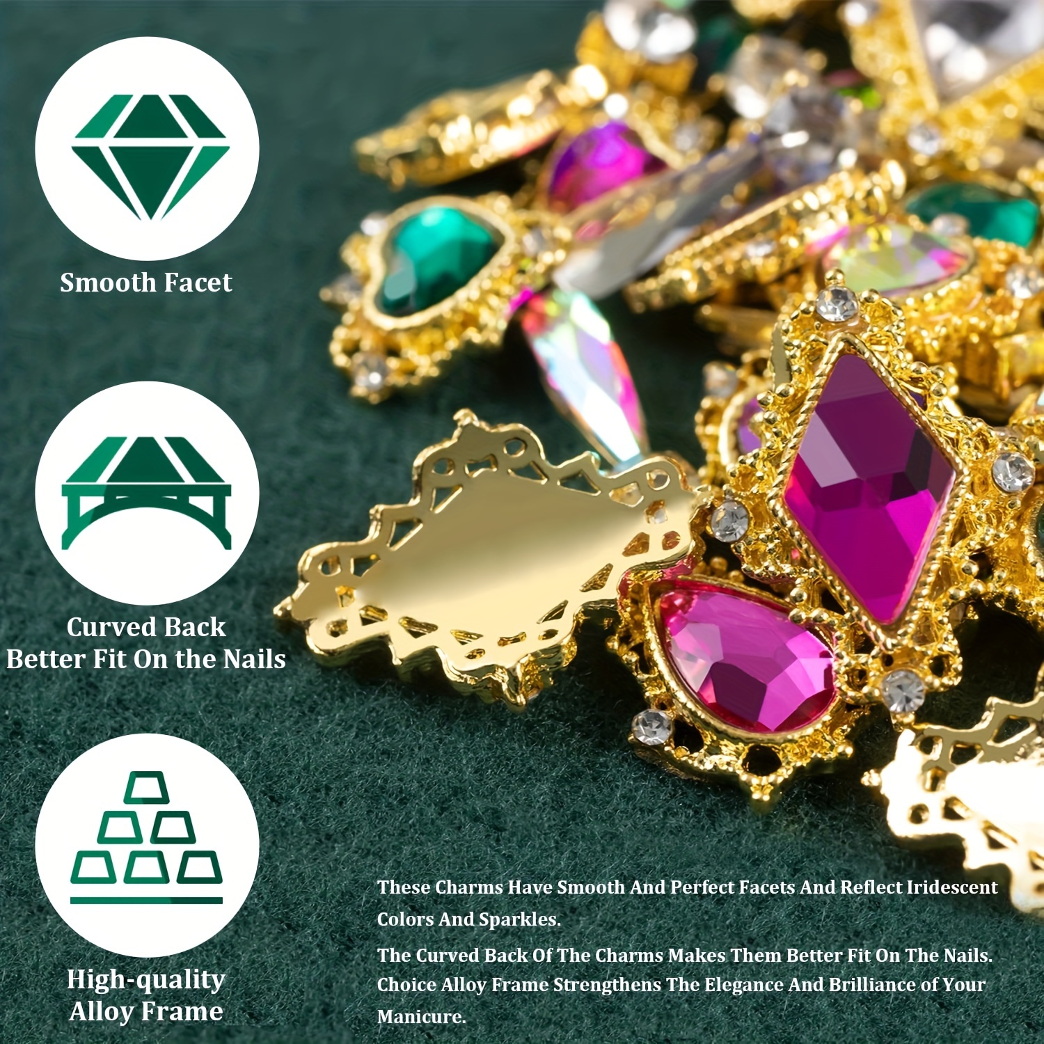 TEEKME 30pcs Sparkling Luxury Gold 3D Alloy Big Bulk Nail Charms Mix 7 Colors Crystal Rhinestone Diamond Gems for Fancy Long Nail Designs Accessory