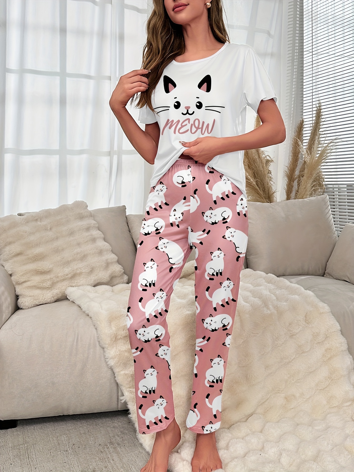 Women's Pajamas Nightwear Cute Cat Print Tops and Pants Sleepwear