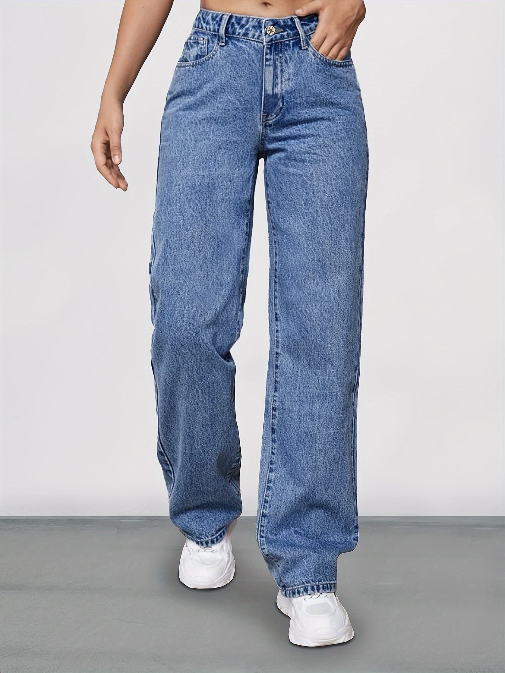 Blue Double Button Straight Jeans Non stretch Slant Pockets - Temu