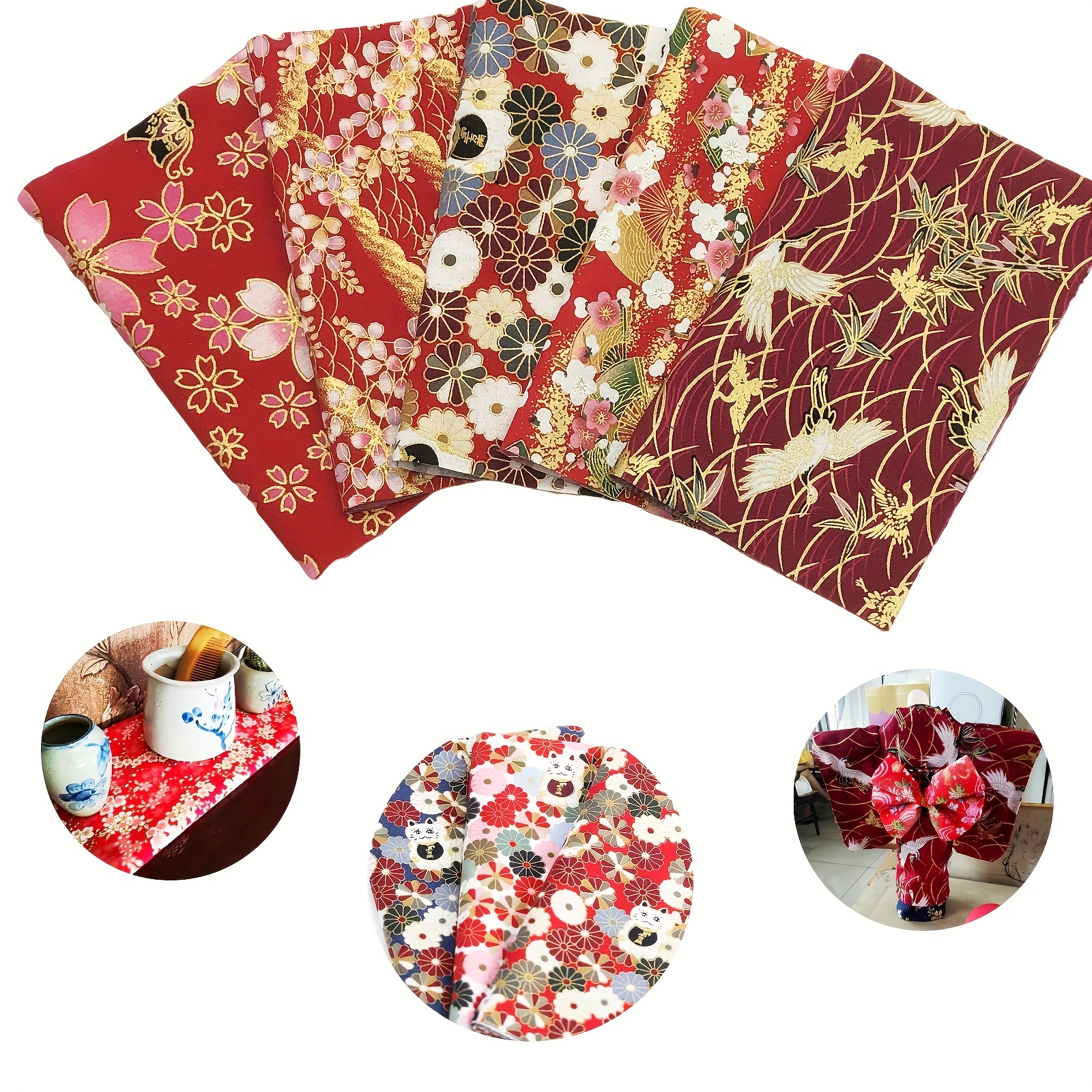 5pcs Red Cotton Printed Quarter Quilted Fabric Bundle for DIY Sewing