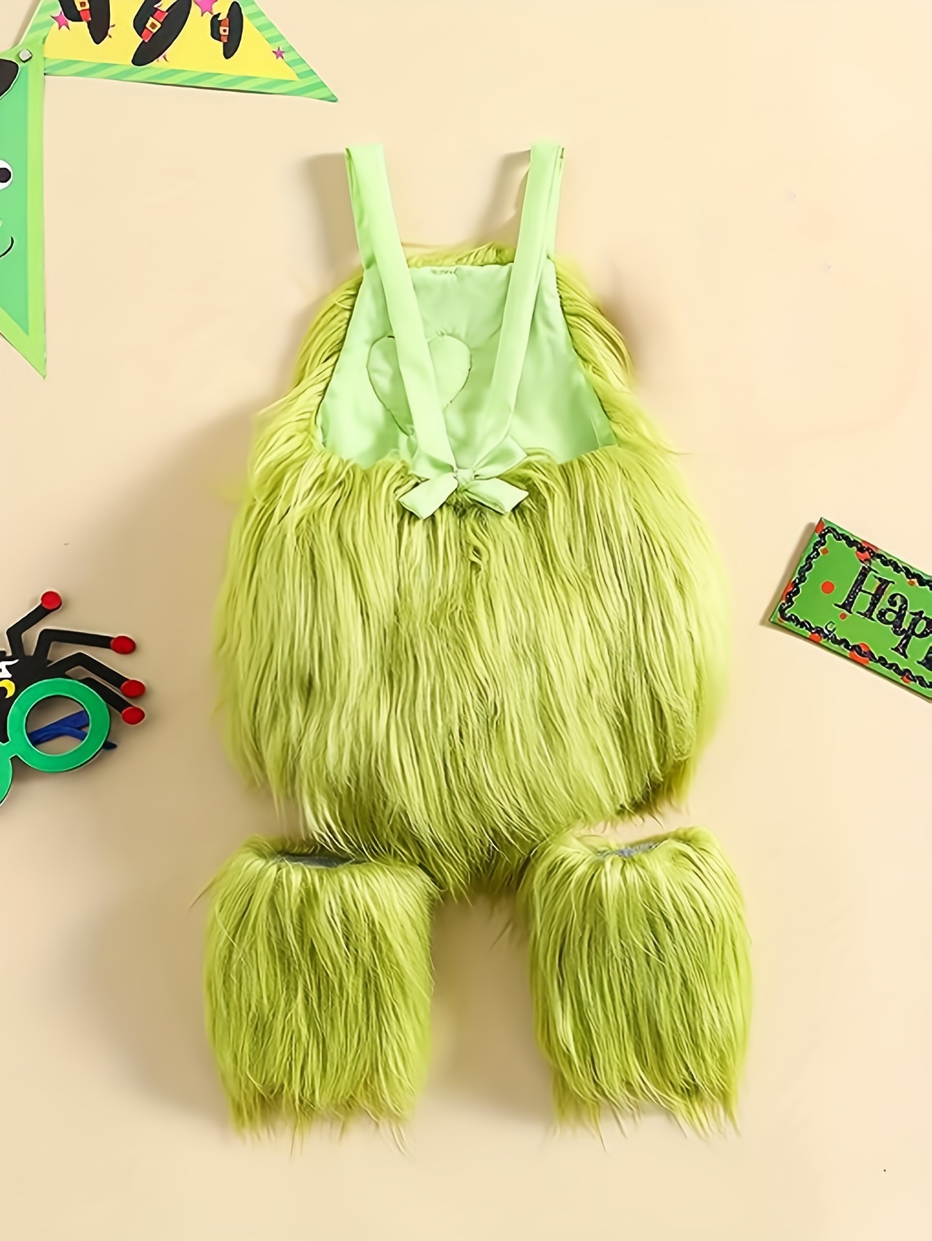 Infant Baby Girls Christmas Outfits Halloween Romper Green Furry  Dress+Headband+Leg Warmer 3pcs Fall Winter Clothes Set