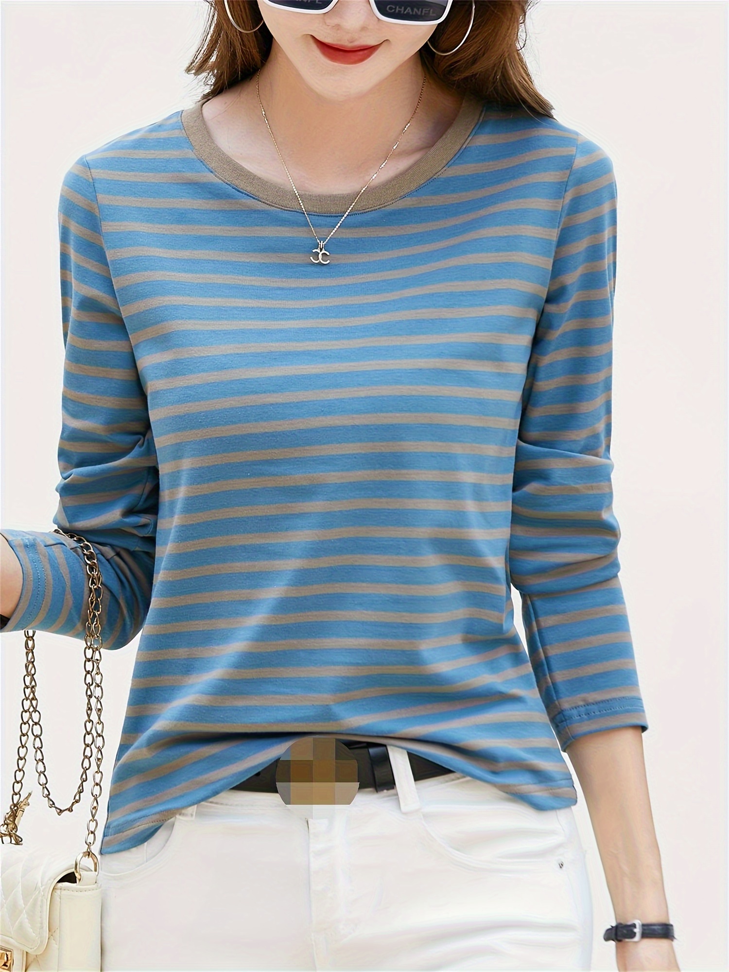 striped print crew neck t shirt casual long sleeve t shirt for spring fall womens clothing sea blue 0