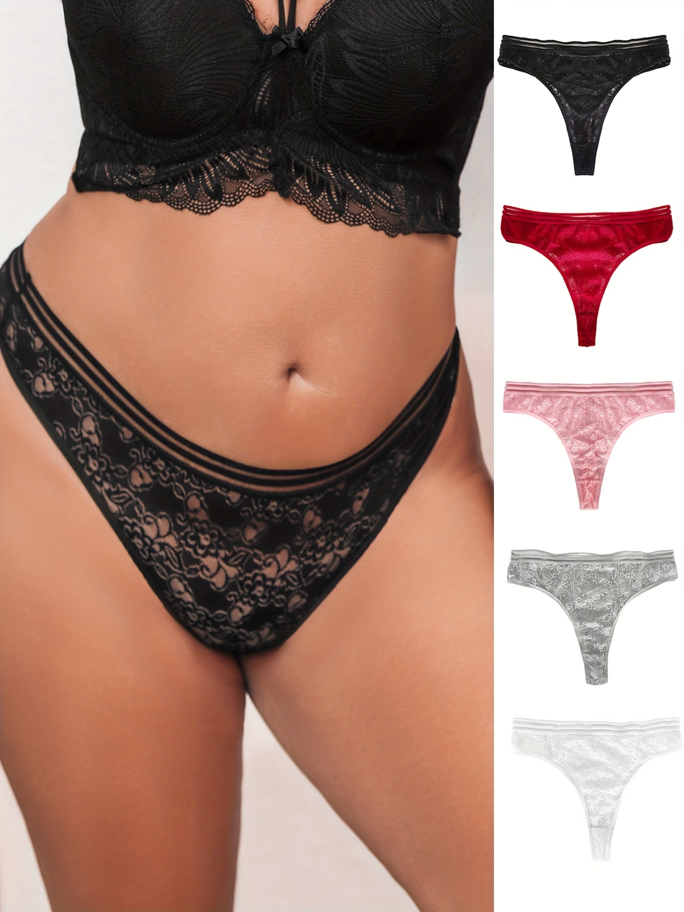 Women's 5pcs Panties Set, Sheer Lace T-Back Underwear, Low Rise Thong for  Sex, Hollow Out Cutie Undies Pack of 5 