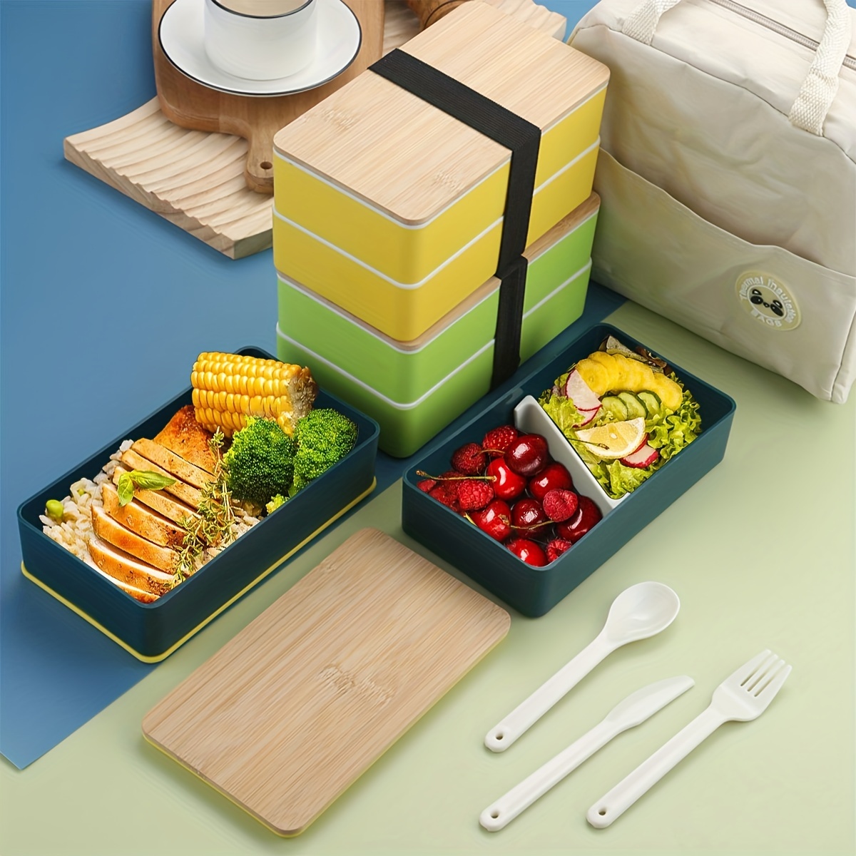 Bamboo Bento Box With Compartments And Utensils Stackable - Temu