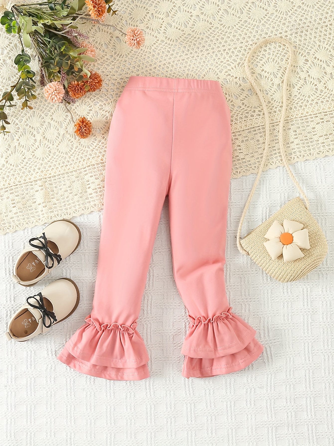 Toddler Baby's Ruffle Trim Pants Solid Color Elastic Waist - Temu