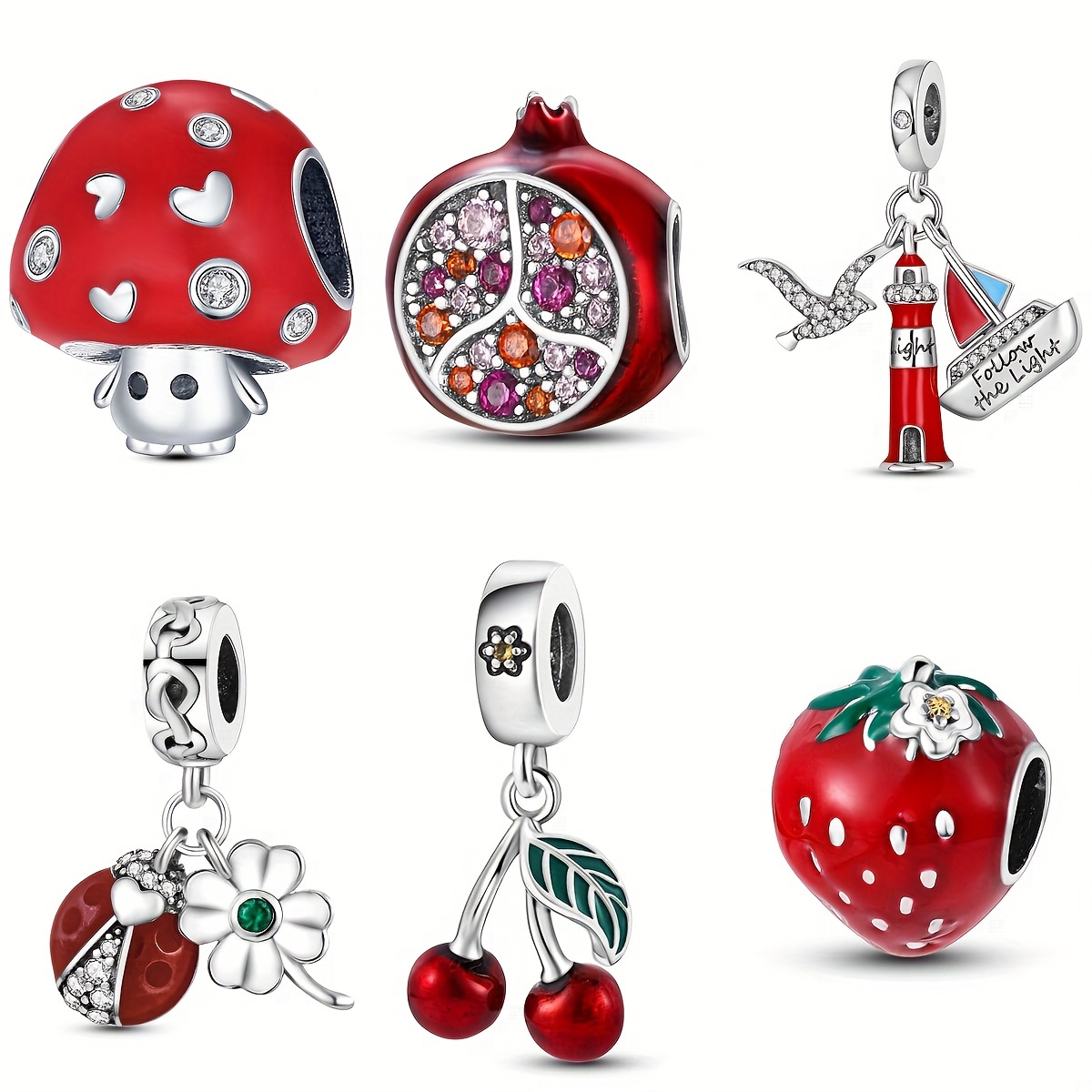 

1pc Happy New Year Charm 925 Silver Plated Red Enamel Mushroom Cherry Lucky Flower Dangle Charm Beads Fit Original Bracelet Pendant Necklace Diy Jewelry Gift